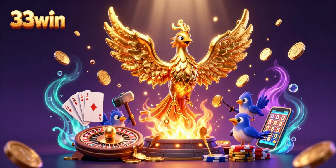 Join the excitement of 33win with a vibrant 3D scene featuring a golden phoenix amid cascading coins and gaming elements.